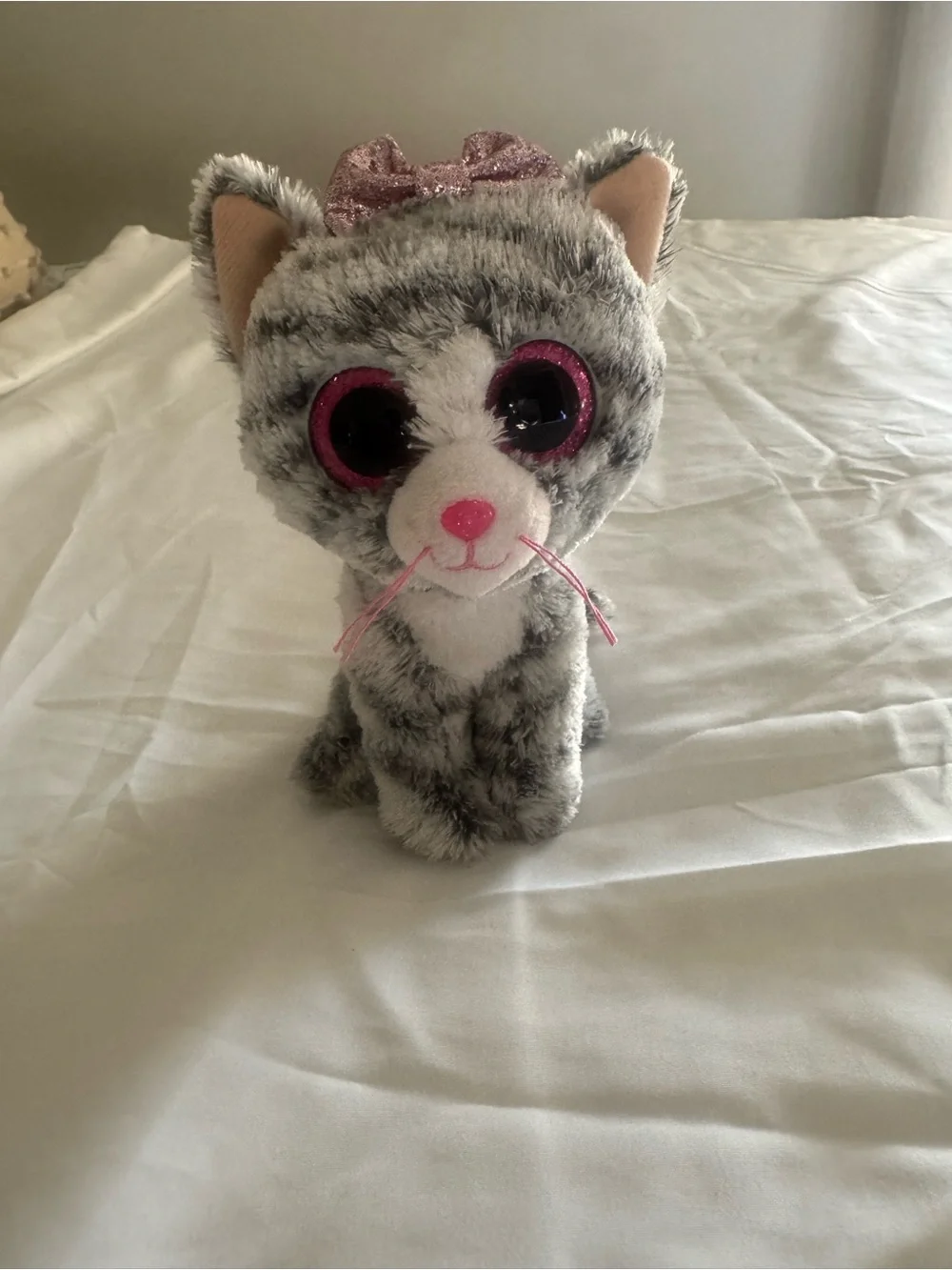 Ty Grey Plush Cat Toy with Pink Accents